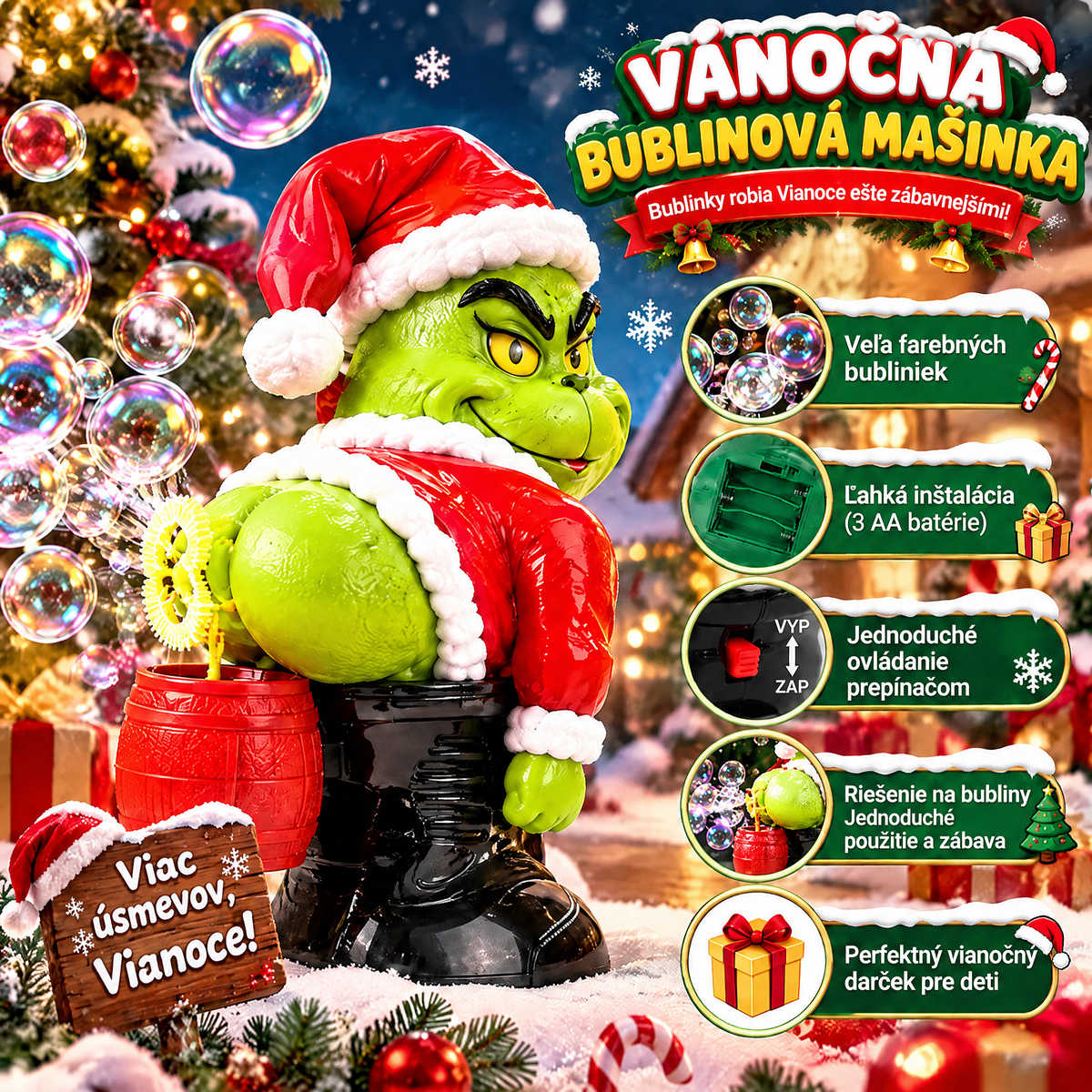 🎄 Vianočný automatický bublifuk Grinch so zvukovými efektmi 🫧